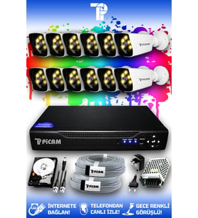 PICAM 12 Kameralı Kare 12 Dış Kamera Set 250 GB HDD Full HD Renkli Gece Görüşlü Güvenlik Kamerası Sistemi