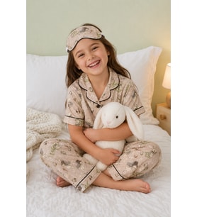 Tavşanlı ve Peri Kızı Desenli Kız Çocuk Düğmeli Pijama Takımı Yazlık Pamuklu Kısa Kollu Uyku Bantlı