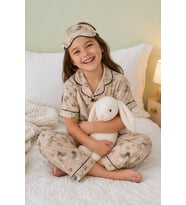 Tavşanlı ve Peri Kızı Desenli Kız Çocuk Düğmeli Pijama Takımı Yazlık Pamuklu Kısa Kollu Uyku Bantlı