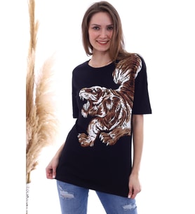 20061959 Süprem Taşlı Kaplan Baskılı T-Shirt SIYAH (Siyah)