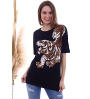 20061959 Süprem Taşlı Kaplan Baskılı T-Shirt SIYAH (Siyah)