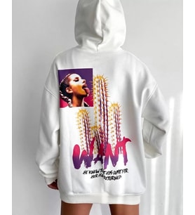 Kadın Oversize Kapüşonlu Cepli WANT Baskılı 3 İplik Pamuklu Hoodie Sweatshirt - Beyaz