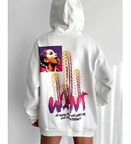 Kadın Oversize Kapüşonlu Cepli WANT Baskılı 3 İplik Pamuklu Hoodie Sweatshirt - Beyaz
