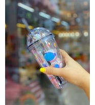 PİPETLİ BARDAK MATARA SEVİMLİ SULUK 450 ml  ÇİFT  ASTRONOT FİGÜRLÜ (Mavi)