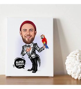 Papağanı Olan Erkek Karikatürlü Kanvas Tablo