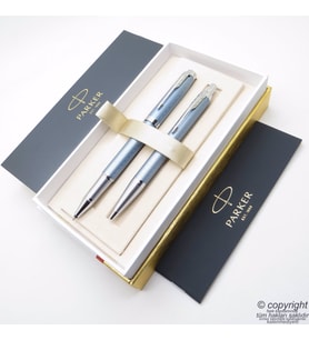Parker IM Premium Saten Mavi Roller Kalem + Tükenmez Kalem Set  İsme Özel Kalem  Hediyelik Kalem