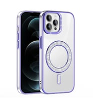 iPhone 12 Pro Kılıf Pırlanta Taş Tasarımlı M-safe Şarj Özellikli Karetta Silikon Kapak (Mor)