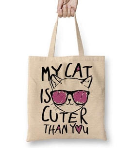 My Cat İs Cuter Than You Kedi Bez Çanta Uzun Saplı