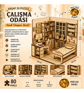 Çalışma Odası Ahşap Maket Seti – DIY Miniatür Yatak Odası ve Çalışma Köşesi Peri LED'li 3D Puzzle