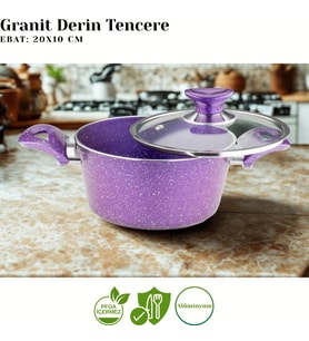 ARZU ÇELİK 20 Cm Granit Derin Tencere Cam Kapak - Violet