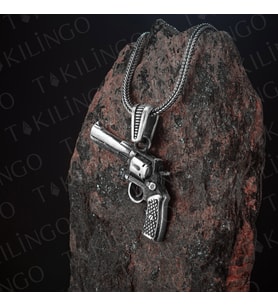 925 Ayar Gümüş 14 lü Tabanca Motifli Erkek Kolye