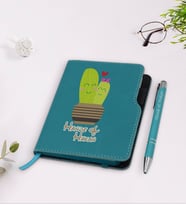 BK Gift Kişiye Özel Kaktüs Tasarımlı Turkuaz Termo Deri Defter Kalem Seti-13