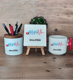 Hekim Hediye Sepeti Kupa Bardak T Kulplu, Kalemlik ve Dekoratif Taş Doktora Tıp Bayramı Hediyesi (Model 1)
