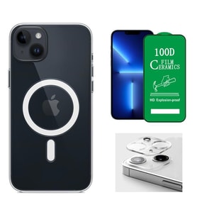 Vendas iPhone 14 Plus Uyumlu (14 Plus) Magsafe Şarj Destekli Darbe Dirençli Fit Hard Silikon Kılıf + Kamera Lens + Seramik Nano Ekran Koruyucu (Renksiz)