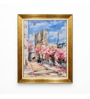 Tablore Paris Notre Dame Katedrali Pembe Çiçekli Yağlı Boya Dokulu Kanvas Tablo