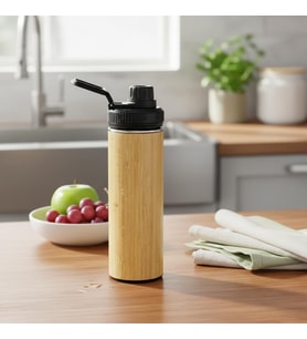 Lexroo 450 ml Bambu Kaplama Tabanlı Mat Siyah Çelik Termos