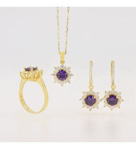 925 Ayar Gümüş Yuvarlak Ametist Taşlı Gold Anturaj Gümüş Set