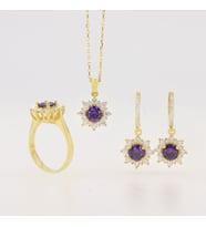 925 Ayar Gümüş Yuvarlak Ametist Taşlı Gold Anturaj Gümüş Set