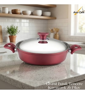 ARZU ÇELİK 26 Cm Granit Karnıyarık & Pilav Tenceresi Çelik Kapak - Mürdüm