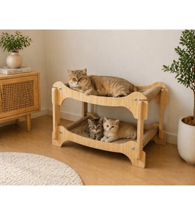Pureza Ahşap İki Katlı Kedi Yatağı & Dinlenme Standı – Hasır Yüzeyli (Çift Katlı Tasarım)