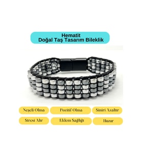 Sertifikalı Hematit Doğal Taş Tasarım Erkek Bileklik Gümüş ve Siyah Renk 2li Asimetrik Dizim