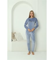 Kadın Kadife Mavi Pijama Takım
