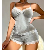 Amora Secret Pamuklu Dantel İşlemeli Gri Askılı Şortlu Pijama Takımı