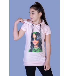 Toontoy Kız Çocuk Billie Eilish Baskılı Kapüşonlu Tişört (Pudra)