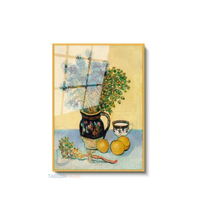 Dikey Çerçeveli Cam Vangogh 62 Modern Ev Dekoru Duvar Sanatı Ev Ofis Tablosu (Altın)