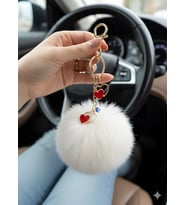Peluş Pofuduk Yılbaşı Temalı Ponpon Puf Beyaz Ponpon Üçlü Kalpli Charm Anahtarlık Ev Araba Telefon Çanta (Pamuk Beyaz)