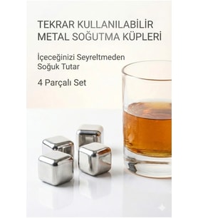 Paslanmaz Çelik Buz Küpü 4’lü Set – İçeceği Sulandırmadan Soğutucu Metal Taş
