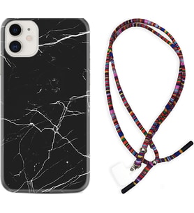Apple iPhone 11 12 13 Mini Kılıf Boyun Asklı Rasta Silikon Siyah Mermer 1299