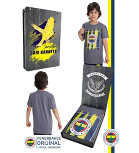 Fenerbahçe Orijinal Renkli Logo Sıfır Yaka Çocuk T-Shirt Hediyelik UV Baskılı Ahşap Kutulu (Gri)