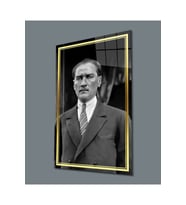 Miyrem Glasses Collection -A1^#  Gold Şerit Siyah Beyaz Takım Elbiseli Atatürk Cam Tablo (Çok Renkli)