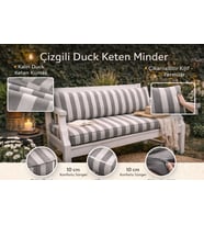 GRİ ÇİZGİLİDuck Keten Bank Minderi 120x50x10 cm – Uzun Sırt Yastıklı, Fermuarlı, Kalın Sünger
