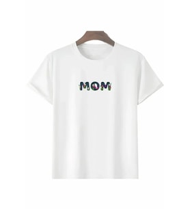 Anneler Günü Hediye Mom Çiçek Baskılı Oversize Bisiklet Yaka T-shirt - Beyaz