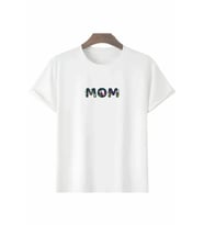Anneler Günü Hediye Mom Çiçek Baskılı Oversize Bisiklet Yaka T-shirt - Beyaz