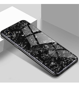 iPhone XS Max Kılıf Mermer Desenli Marbel Cam Silikon Kılıf (Siyah)
