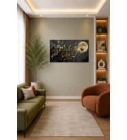 Tam Renk Gold Detaylı Ağaç ve Ay Dekoratif Kanvas Duvar Tablosu