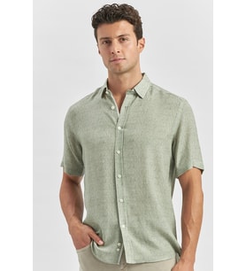 Koyu Yeşil Kısa Kollu Düğmeli Yaka Biyeli Keten Casual Slim Fit Dar Kesim Gömlek 1004240242