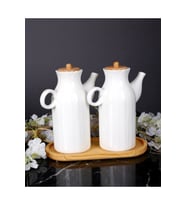 2'li Ahşap Standlı 1000 Ml Beyaz Papatya Yağlık ve Sirkelik Seti