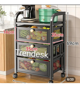 TRENDESK 3 Katlı Metal Siyah Çekmeceli Tekerlekli patates soğan sepeti sebze meyve sepeti sebzelik