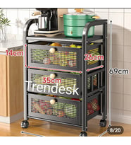 TRENDESK 3 Katlı Metal Siyah Çekmeceli Tekerlekli patates soğan sepeti sebze meyve sepeti sebzelik