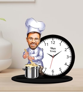 Kişiye Özel Karikatürlü Aşçı Temalı Ahşap Biblo Masa Saati