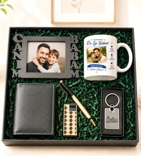 Kişiye Özel Babalar Günü Premium Hediye Kutusu – Fotoğraflı Çerçeve, Fotoğraflı Kupa, Cüzdan, Kalem, Anahtarlık ve Çakmak