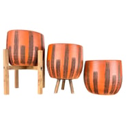 Bitki Tasarımı Siyah Çizgi Desenli Toprak Saksı Saksılık Salon Çiçeklik Üçlü Set - 19 CM