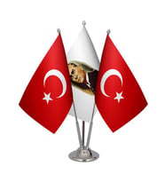 Masa Üstü Atatürk Bayrağı Türk Bayrağı Üçlü Krom Direk Masa Bayrak Seti