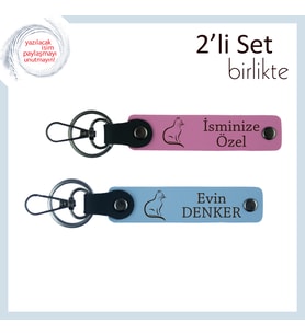 Kediyle Yaşayanlara Özel, Tatlı Figürlü, Kişisel Yazılı Anahtarlık, Pembe-Gök Mavi