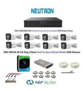 Neutron 2mp 8 kameralı Gece Renkli Sesli Dış ortam AHD Full Kamera Seti 4TB Disk NEU-AB120-28-CA