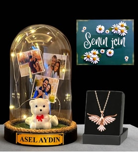 Premium Hediye Seti - Sizlere Özel Led Işıklı Fanus ve Zümrüdü Anka Kuşu Kolyesi (Model 3)